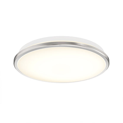 The Artika Vera 13 in. LED modern flush mount light features a round design with a white diffuser and slim metallic trim, perfect for mounting on a white ceiling.