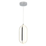 Modern pendant light with a chrome ceiling mount and an oval-shaped LED fixture suspended by a single wire, featuring a sleek, minimalist design.