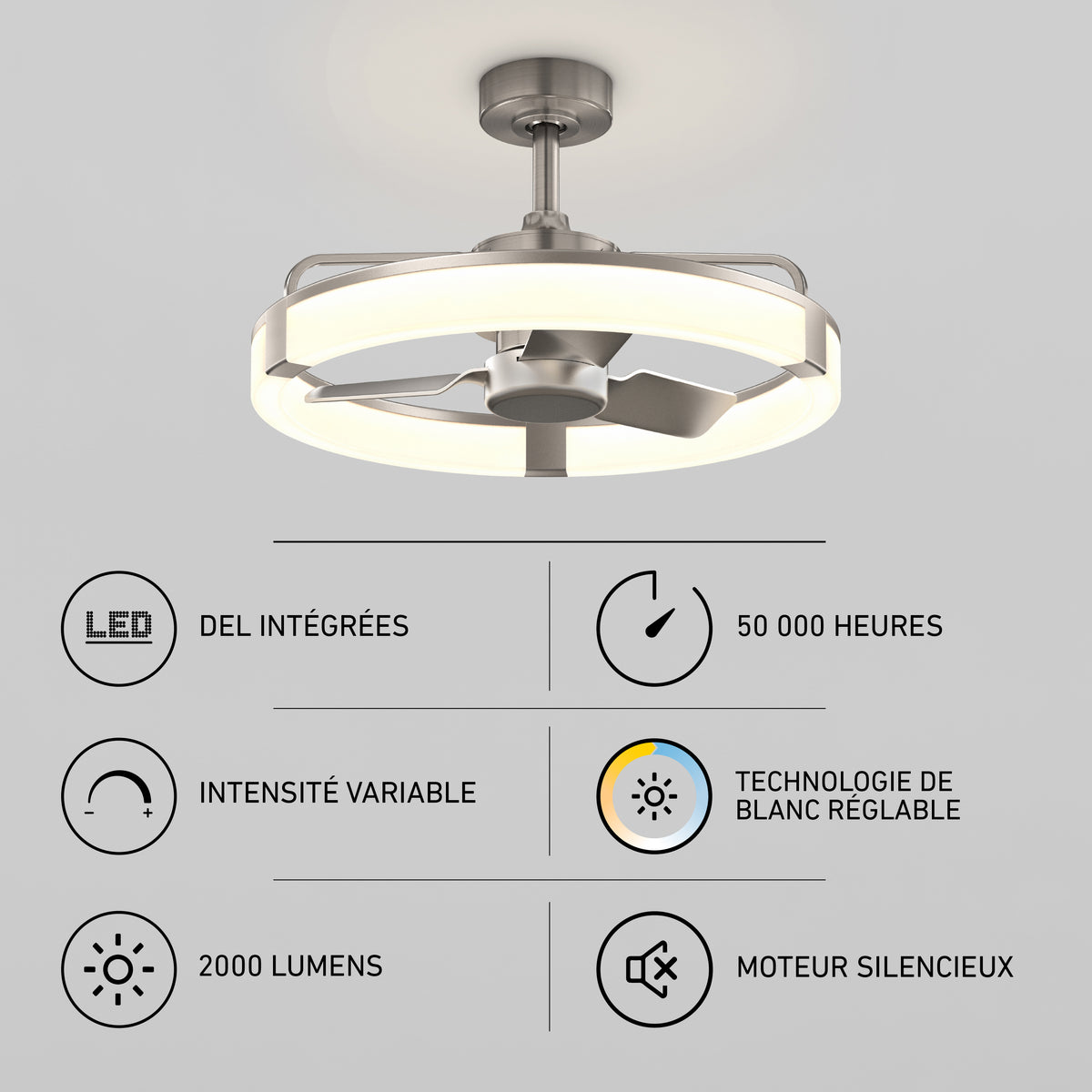 Artika Sunnyvale 23 in. LED modern fandelier ceiling fan with remote and light, featuring French text and icons on gray background.