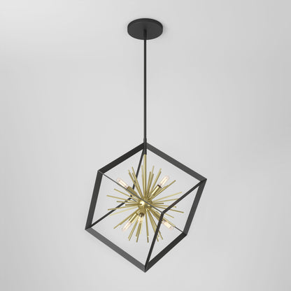 The Artika Nebula 6-light pendant features a black geometric cube frame with a gold starburst inside, each gold rod ending in an exposed bulb, all suspended from a sleek black rod for a modern look.