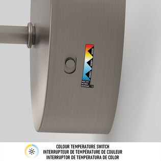 Close-up of the metal color temperature switch on the Artika Finley LED modern bathroom vanity light 3 CCT.