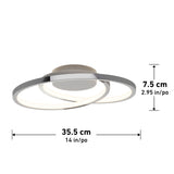 Modern circular ceiling light fixture with two overlapping LED rings, shown in silver. Dimensions are 35.5 cm (14 in) wide and 7.5 cm (2.95 in) tall, with measurements indicated by arrows.