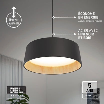 The Alton modern LED pendant light by Artika in black and wood hangs above a plant; French text notes its energy efficiency and height adjustability.