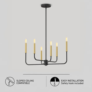 Artika Manchester 6-light pendant in black and gold, compatible with sloped ceilings and easy to install.