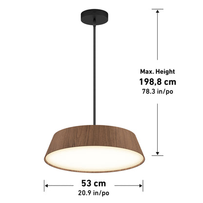 The Artika Dunham LED Pendant 5 CCT features a modern wooden shade (53 cm/20.9 in wide) suspended from a black rod, with a maximum hanging height of 198.8 cm (78.3 in). Measurements appear on the image.