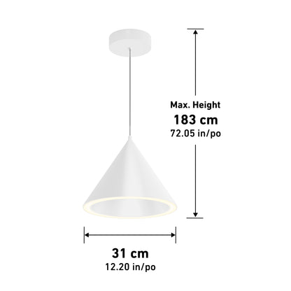 Artika Denali modern LED pendant, 3 CCT, max height 183 cm, diameter 31 cm; shown with labeled measurements.