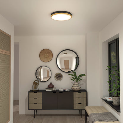 A modern hallway features a black sideboard, three round mirrors, decorative vases, potted plants, and natural light from a window. The Artika Kent LED flush mount light brightens the neutral-toned space from the ceiling.