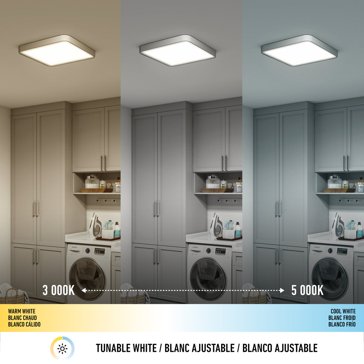 A laundry room with cabinets and a washer and dryer is shown under two different ceiling lights: one side with warm white light (3000K) and the other with cool white light (5000K), demonstrating adjustable lighting.