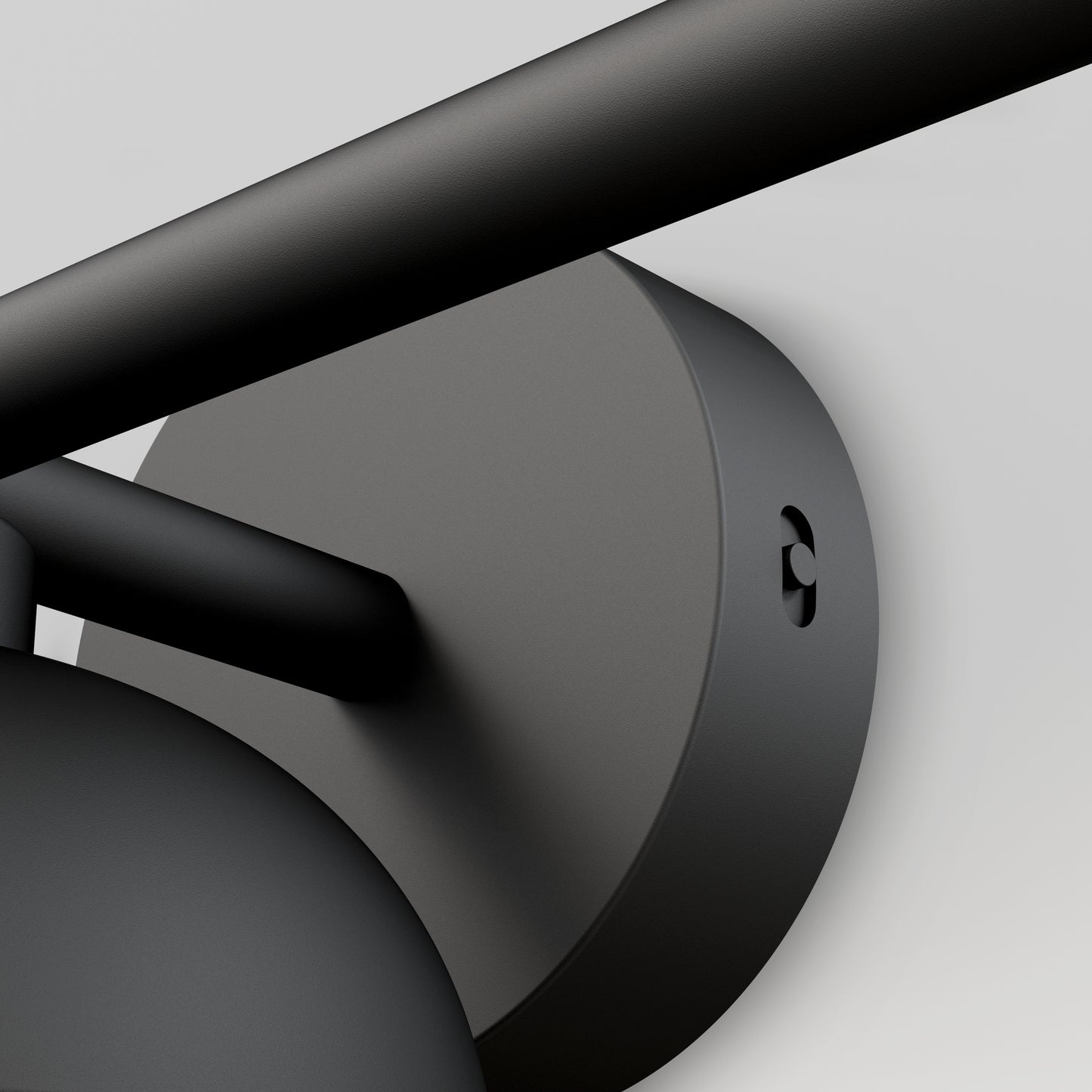 Close-up of the Artika Boden LED mid-century bathroom vanity light 5 CCT, a modern matte black wall-mounted fixture with cylindrical base and rod, set against a plain light gray background.