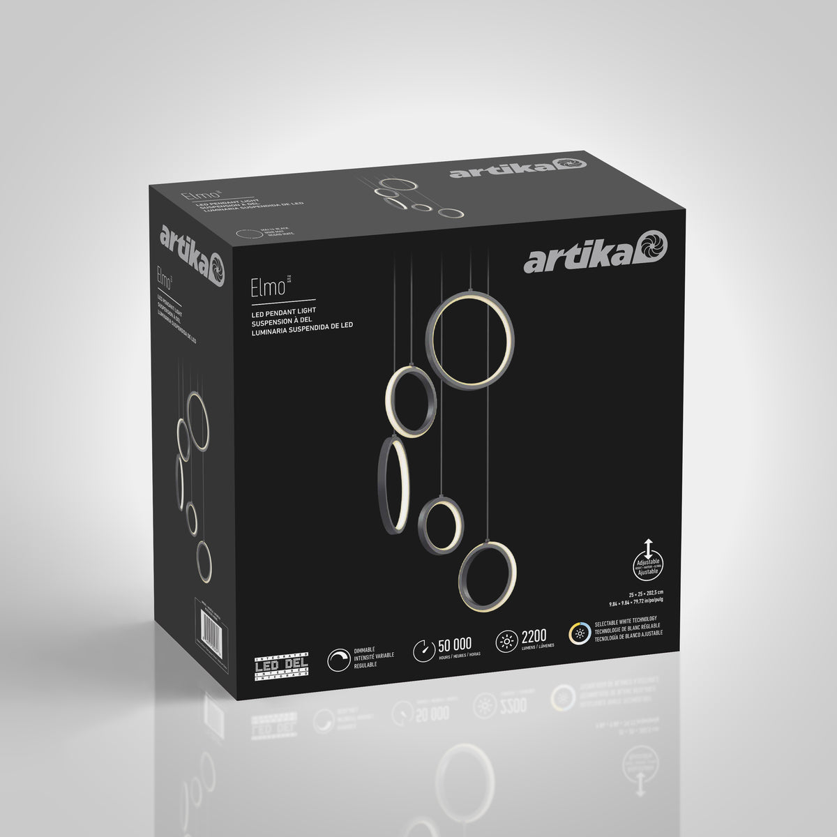 A black box of Artika’s Elmo LED pendant light, featuring an image of the modern light fixture with four circular LED rings hanging at different heights, product details, and specifications on the packaging.