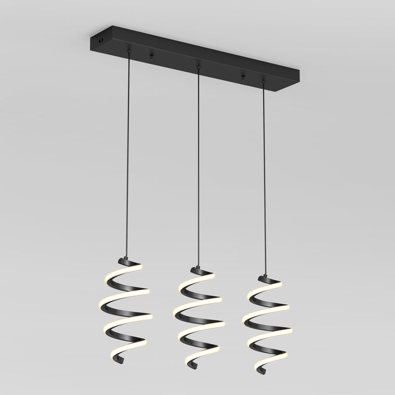 The Artika Chorus 3-light LED pendant features three spiral-shaped lights suspended by black cords from a rectangular black base, offering 5 CCT options and modern style for your ceiling.