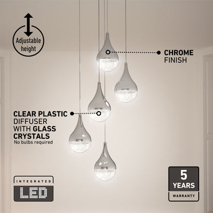 The Artika Glitzer 5-light LED pendant features five adjustable teardrop-shaped lights with a chrome finish, clear plastic diffusers filled with glass crystals, integrated LEDs, and comes with a 5-year warranty.
