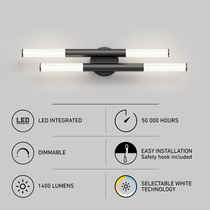 The Artika Boro LED modern bathroom vanity light 5 CCT features integrated LEDs with 50,000-hour lifespan, selectable white technology, dimmable function, 1400 lumens output, and easy installation.