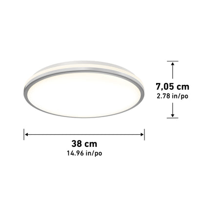 The Artika Macy 15 in. LED modern flush mount light RGB Wifi is shown: a round, white ceiling fixture with a silver edge, 14.96 in (38 cm) diameter and 2.78 in (7.05 cm) height, with arrows indicating the measurements.