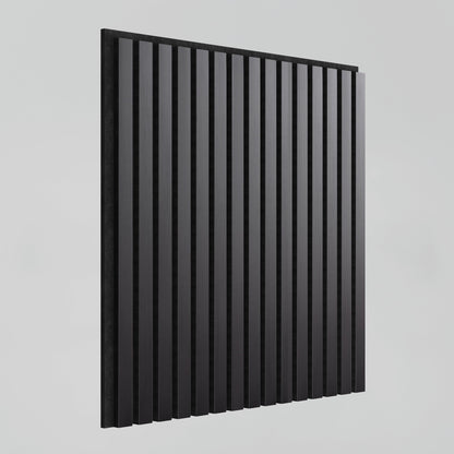 The Artika-CAN-dev Sonolok 15.5 ft sound-absorbing wall panel kit features a minimalist design with evenly spaced, vertical black slats set against a light gray background.