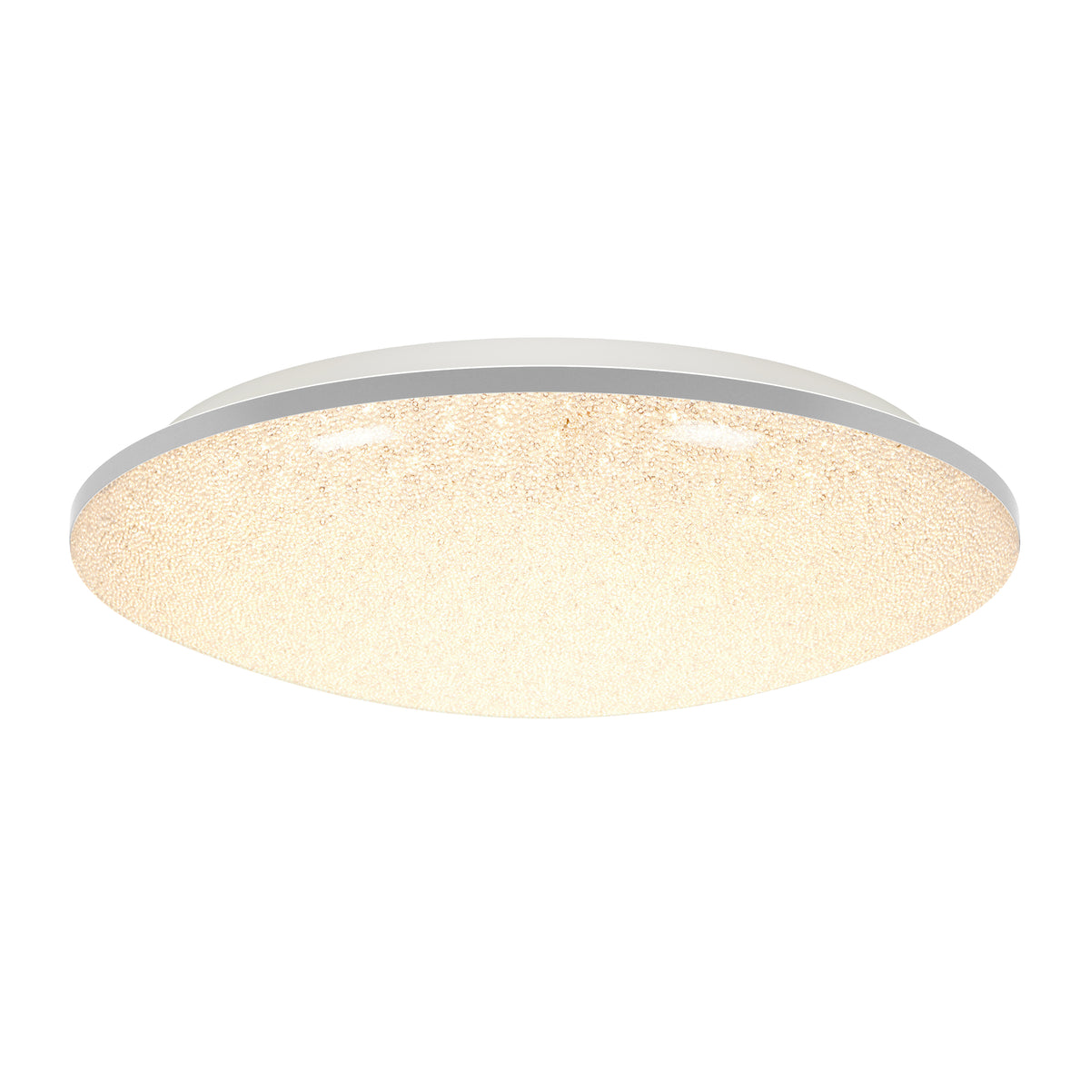 A round, ceiling-mounted LED light fixture with a white frame and a textured, illuminated surface, glowing softly.