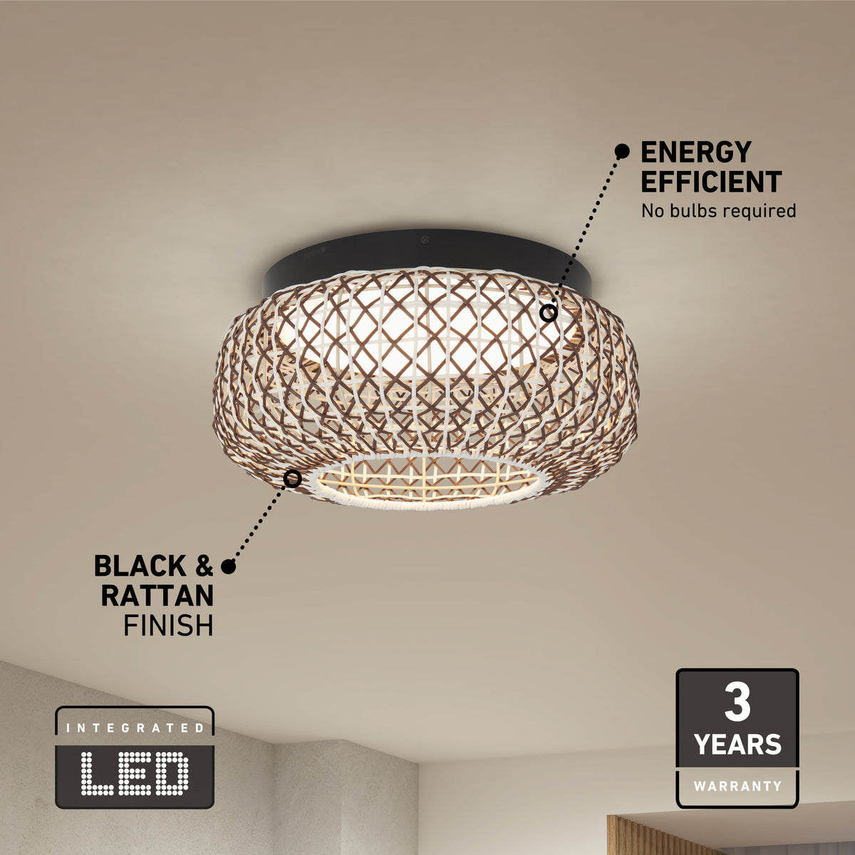 A round, flush-mount ceiling light with a black rattan finish is lit in a modern room. Text highlights its energy-efficient integrated LED, no bulbs required, and a 3-year warranty.