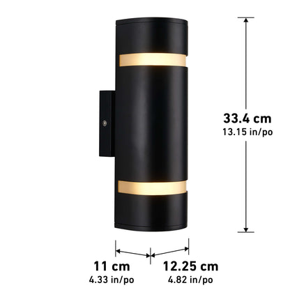 The Artika D4 indoor-outdoor wall light is a black cylindrical sconce with two horizontal light bands, measuring 33.4 cm (13.15 in) tall, 11 cm (4.33 in) deep, and 12.25 cm (4.82 in) wide.