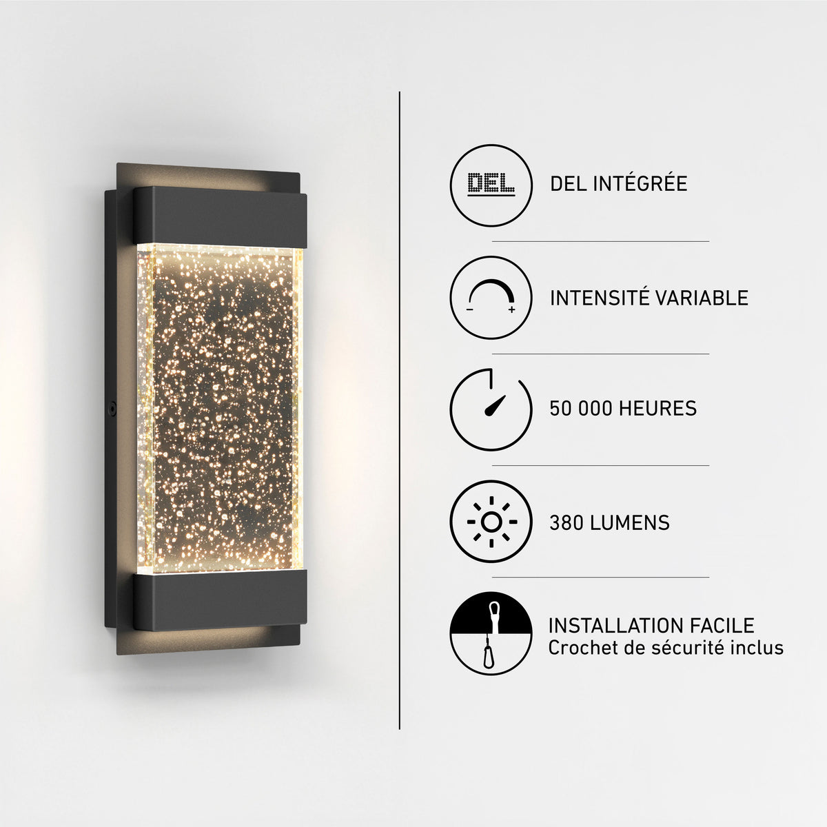 Artika Essence Glow Box LED wall light: indoor-outdoor, sparkling panel, dimmable, 50K-hour life, easy install.