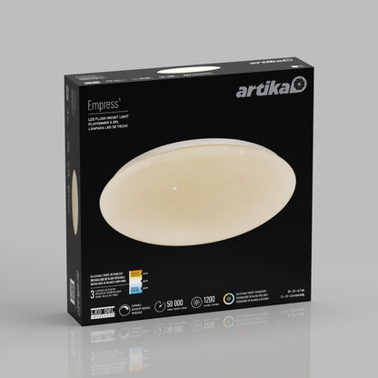 A black box displays the Artika Empress 13 in. LED modern flush mount light (3 CCT), with a picture of the round, starry-patterned fixture on the front and key features shown in white text.