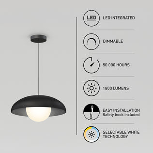 Black Artika Boden LED modern mid-century pendant light with globe bulb next to dimmable, 50,000-hour life, 1800 lumens, and selectable white icons.