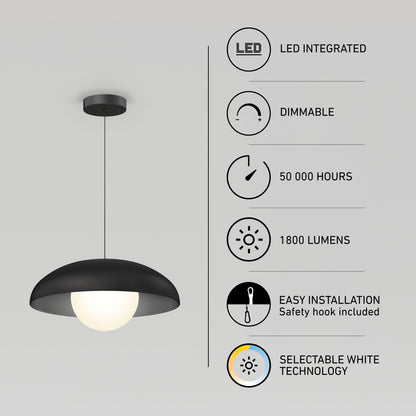 Black Artika Boden LED modern mid-century pendant light with globe bulb next to dimmable, 50,000-hour life, 1800 lumens, and selectable white icons.