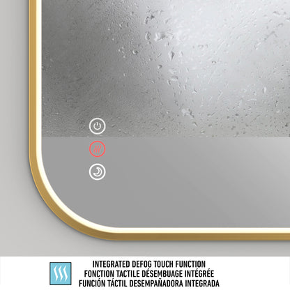 Close-up of the Artika Royce Dimmable LED Mirror’s corner shows its touch panel with a glowing red defogger button. Multilingual text below highlights integrated defog touch and adjustable 3 CCT colour temperature. Mounts horizontally or vertically.