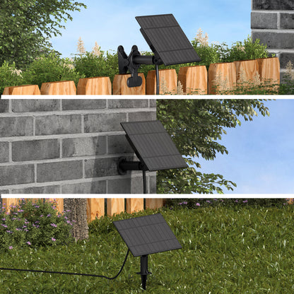 Three Blaze 20 LED Outdoor Solar String Lights by Artika are mounted on a wooden fence, brick wall, and ground stake—weather-resistant and perfect for illuminating any outdoor scene.