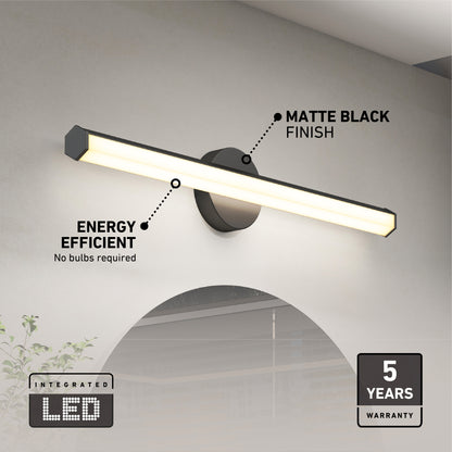 The Artika Ewen modern LED bathroom vanity light 5 CCT, shown above a mirror, features a matte black finish, integrated LED, energy efficiency, and comes with a 5-year warranty.