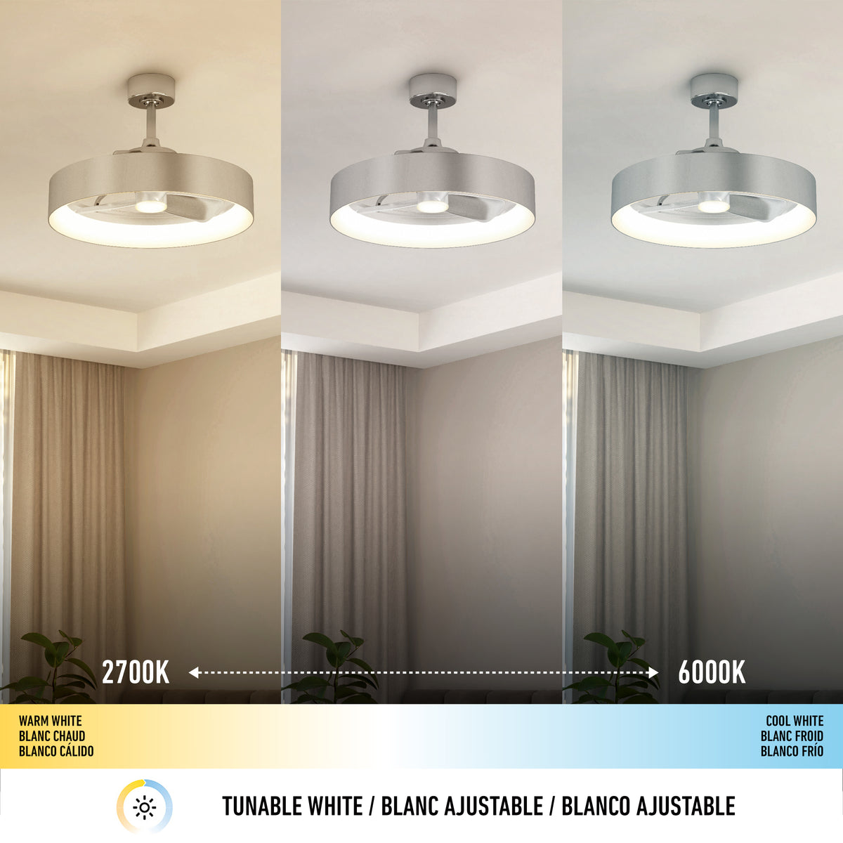Three images of the same modern ceiling light in a room, showing different white light temperatures: warm white (2700K), neutral, and cool white (6000K), with a color temperature scale below and a plant in the corner.