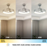 Three images of the same modern ceiling light in a room, showing different white light temperatures: warm white (2700K), neutral, and cool white (6000K), with a color temperature scale below and a plant in the corner.