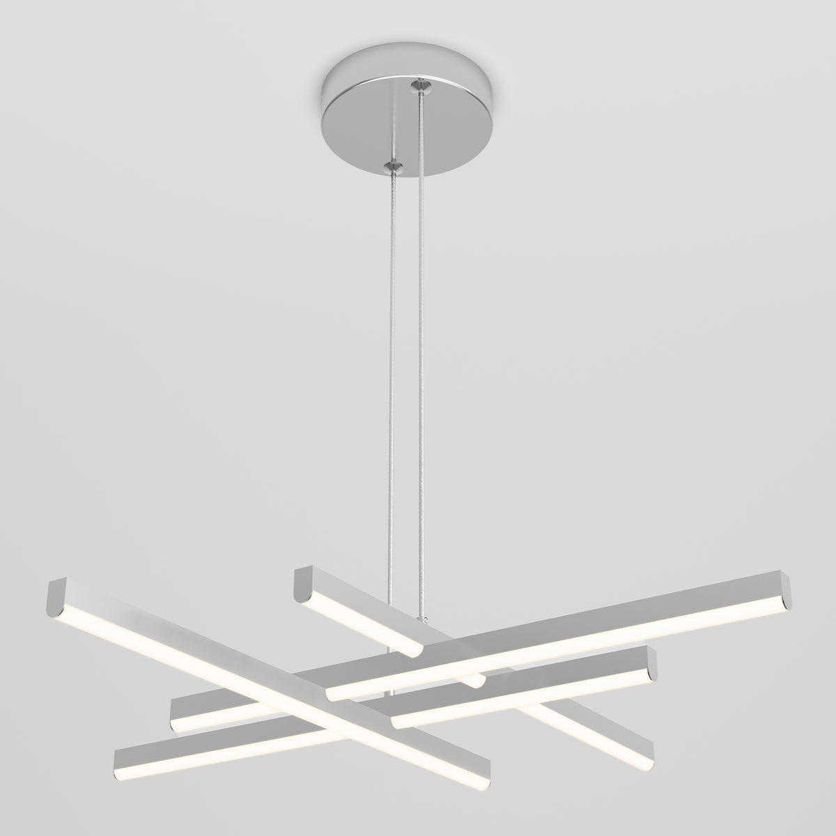 Artika Grid modern LED pendant light 5 CCT features three intersecting horizontal LED bars suspended by wires from a round metallic base, perfect for contemporary spaces.