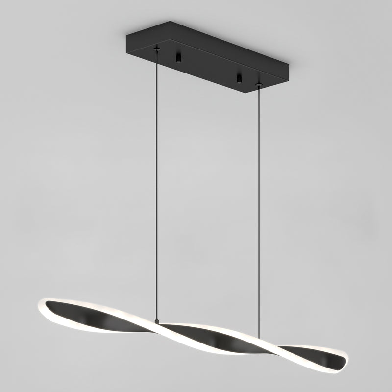 The Artika Finley Linear LED pendant light 3 CCT features a black rectangular ceiling mount with two thin wires suspending a twisted wave-shaped LED that emits a soft white glow, set against a plain light gray background.
