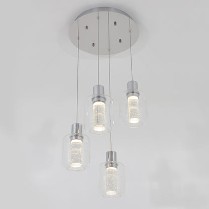 The Artika Champagne Globe 4-light LED pendant features four cylindrical glass shades with central LED tubes, suspended at varying heights from a round metallic base for a modern look.