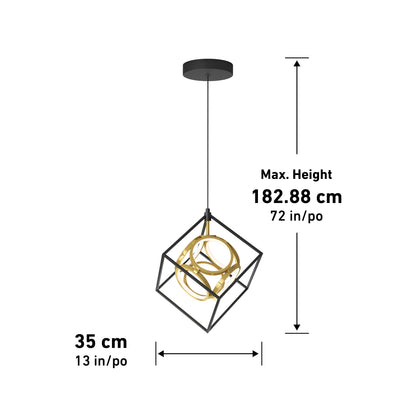 The Artika Mini Luxury LED pendant light features a modern geometric black frame with gold rings, hanging from a round ceiling mount. Dimensions: 35 cm (13 in) wide, max height 182.88 cm (72 in).