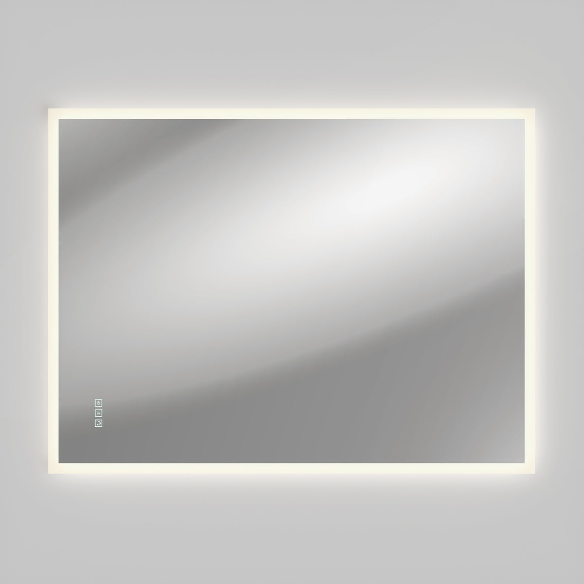 The Artika Mavis 48" x 36" Rectangular LED Mirror, 3CCT, with Defogger is mounted on a plain light gray wall. Three small touch buttons are visible on the lower left corner of the mirror’s backlit LED border.