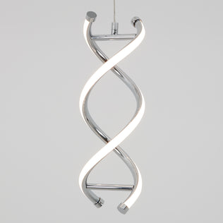 The Artika DNA LED pendant light features two intertwined, helix-shaped chrome strips with integrated LEDs, suspended by a cable against a plain light gray background.