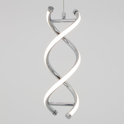 The Artika DNA LED pendant light features two intertwined, helix-shaped chrome strips with integrated LEDs, suspended by a cable against a plain light gray background.