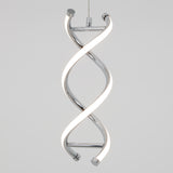 A modern pendant light with a chrome finish, featuring two intertwined, curved LED strips resembling a DNA double helix, suspended from the ceiling against a plain background.