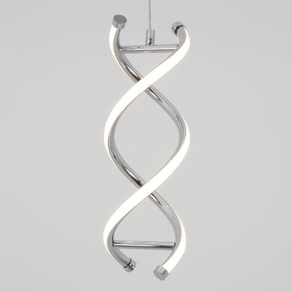 The Artika DNA LED pendant light features two intertwined chrome spiral arms forming a double helix, each with integrated LED strips, suspended against a plain light background.