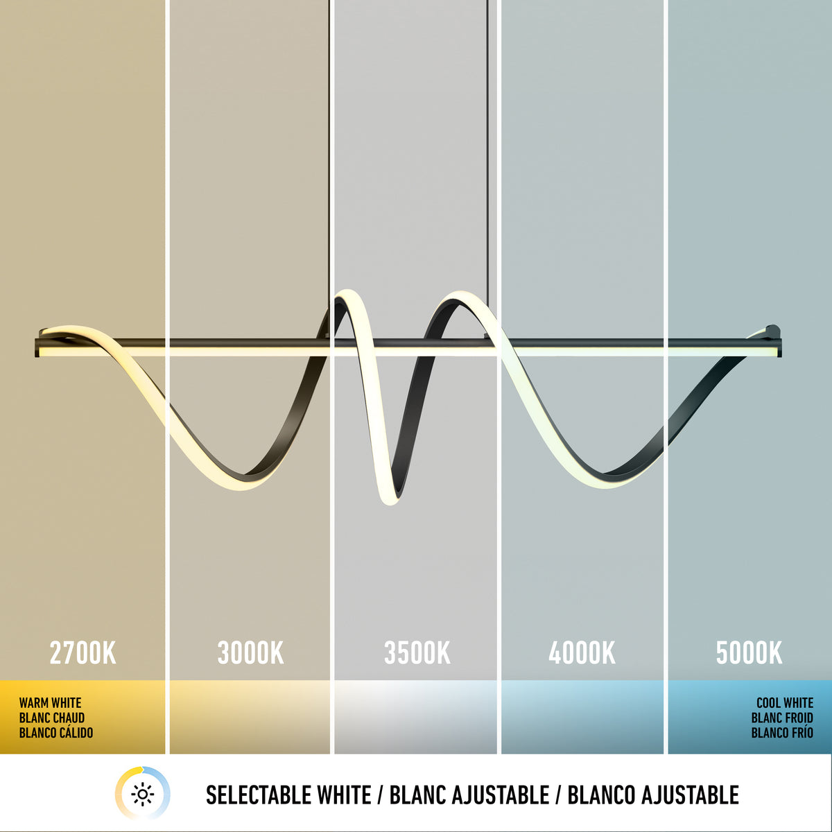 A modern wavy light fixture is shown under five different color temperatures, ranging from warm white at 2700K to cool white at 5000K, with corresponding color tones and labels underneath each section.