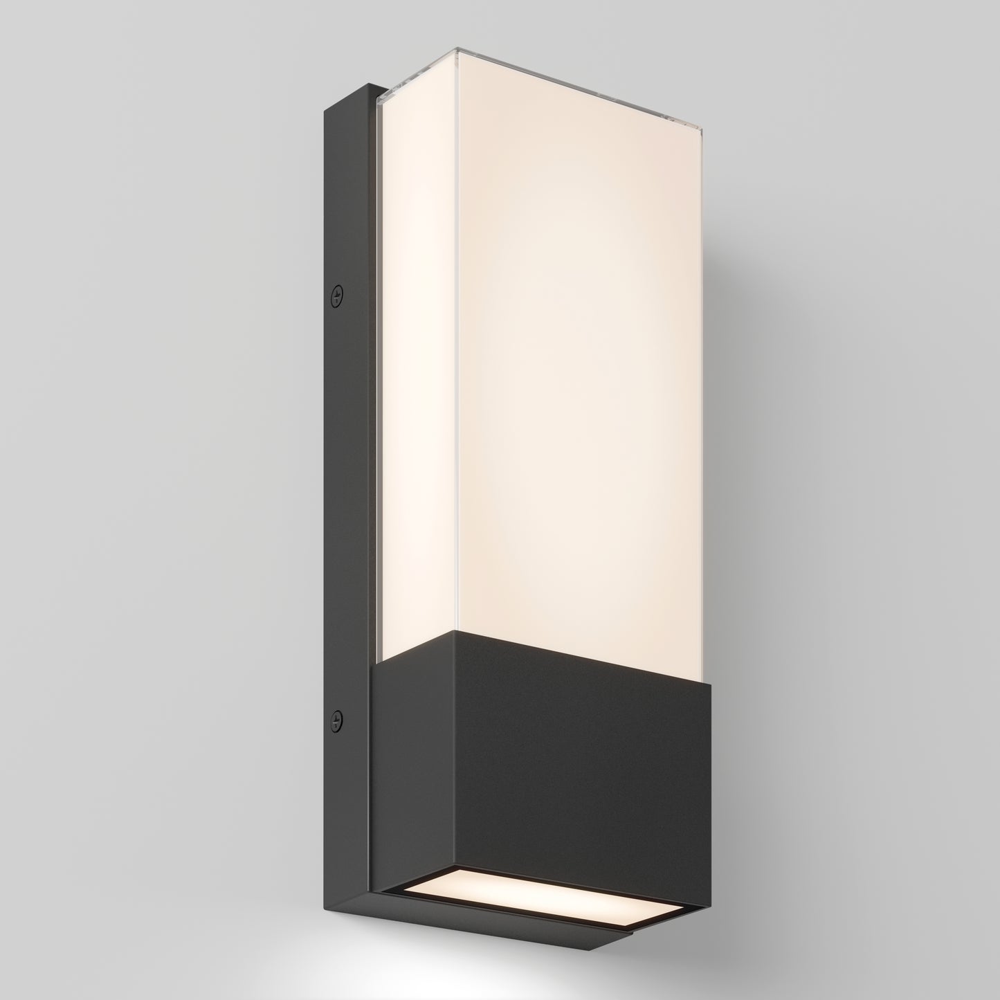 The Artika Dixon indoor-outdoor LED wall light features a modern rectangular design with a black base and frosted white glass shade, mounted on a light gray wall and emitting soft, even illumination.