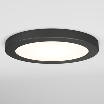 The Artika Europa Disk 7 in. LED modern flush mount light features a sleek, round black design with a flat profile and bright white center, perfect for mounting on a white ceiling, and offers 3 selectable color temperatures (CCT).