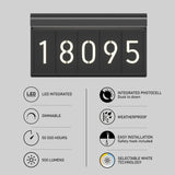 A modern LED house number sign displaying 18095 with icons and text highlighting features: LED integrated, dimmable, 50,000 hours, 500 lumens, photocell, weatherproof, easy installation, and selectable white technology.