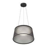 A modern pendant light fixture with a black, cylindrical mesh shade hanging from the ceiling by three wires, featuring a glowing inner light.