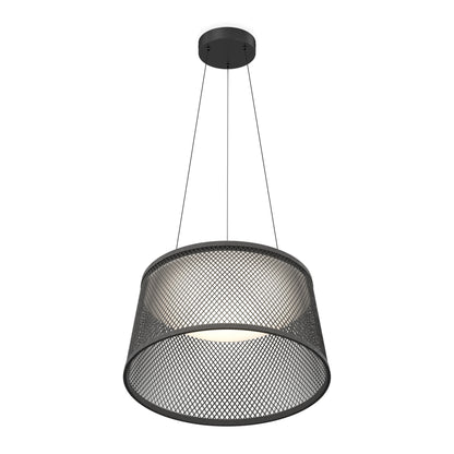 The Artika Adrian LED pendant light 3 CCT features a round black metal mesh shade, suspended by three wires, and emits customizable soft white light.