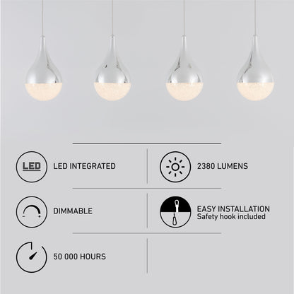 Four Artika Glitzer 4-light LED pendants with glowing bulbs hang above icons and text showcasing features: LED integrated, 2380 lumens, dimmable, 50,000-hour lifespan, and easy installation with included safety hook.