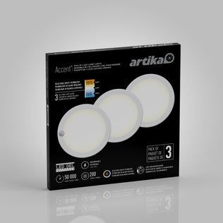 Artika Accent under cabinet LED light 3CCT in black box, featuring three round white lights with 50,000-hour lifespan, 200 lumens brightness, rechargeable design, and a pack of three lights.