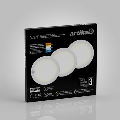 Artika Accent under cabinet LED light 3CCT in black box, featuring three round white lights with 50,000-hour lifespan, 200 lumens brightness, rechargeable design, and a pack of three lights.
