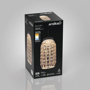 A black box displays the Artika Benson Mini LED pendant light 5 CCT, highlighting its rattan weave design, product images, adjustable color temperature options, energy ratings, and details on a gray background.